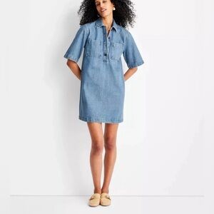 Future Collective Denim Mini Dress S Boxy ShortSleeve Casual Cottagecore Cotton